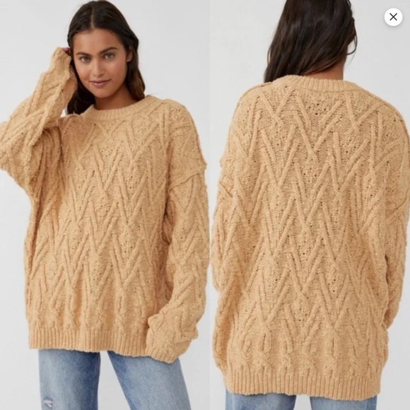 Free People Sweater L Isla Cable Knit Tunic Oversized Slouchy Boho Fisherman Tan - Picture 2 of 13